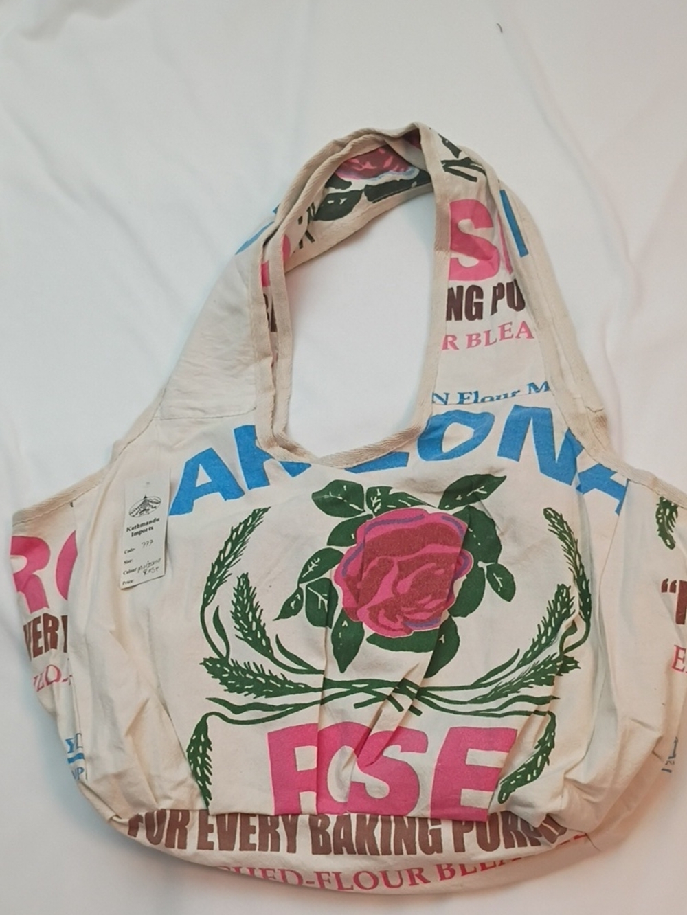 💯 Recycle Organic Cotton Flour Sack Canvas Floral Tote Bag - Pink & Green P43